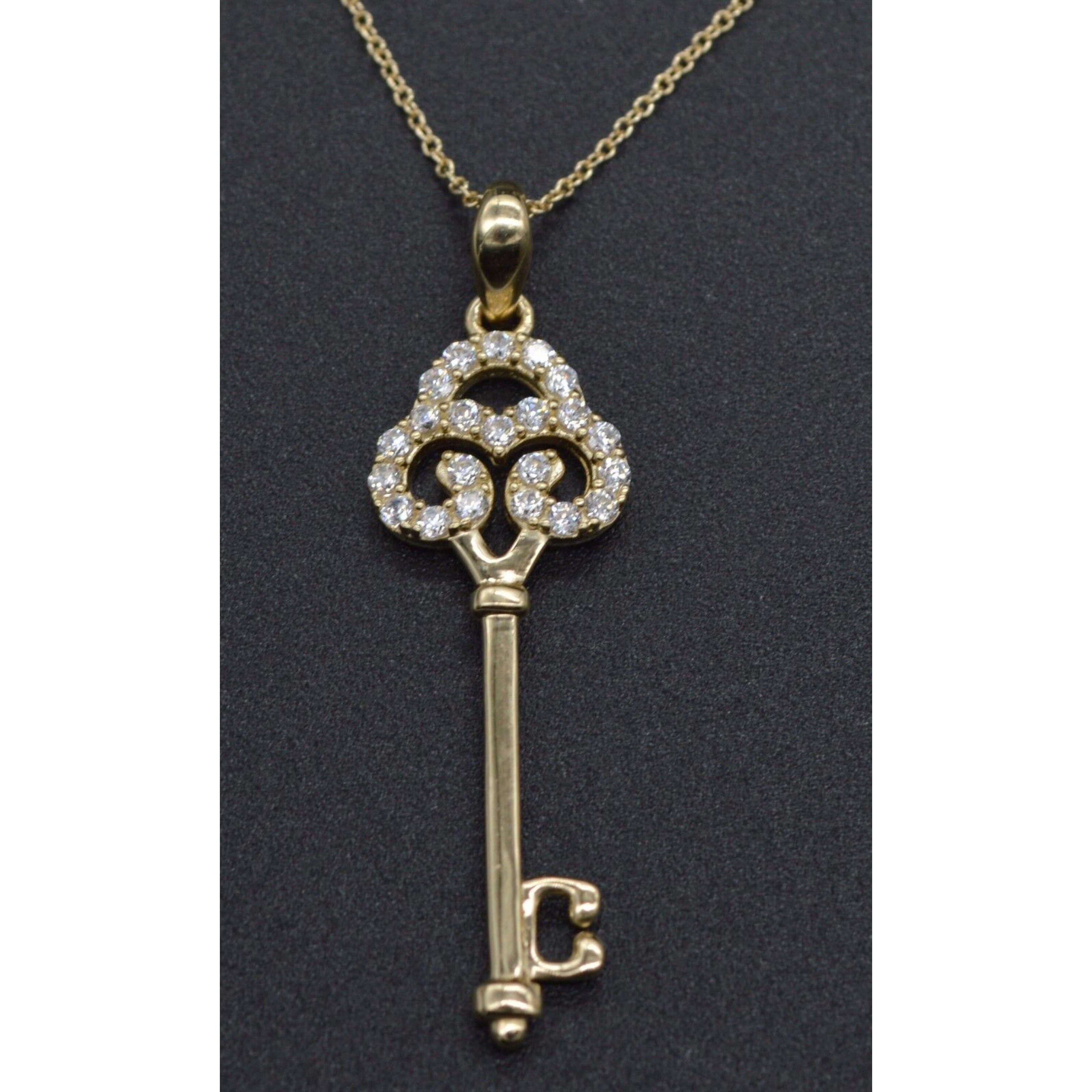 14k Solid Yellow Gold Cz Key Pendant Charm